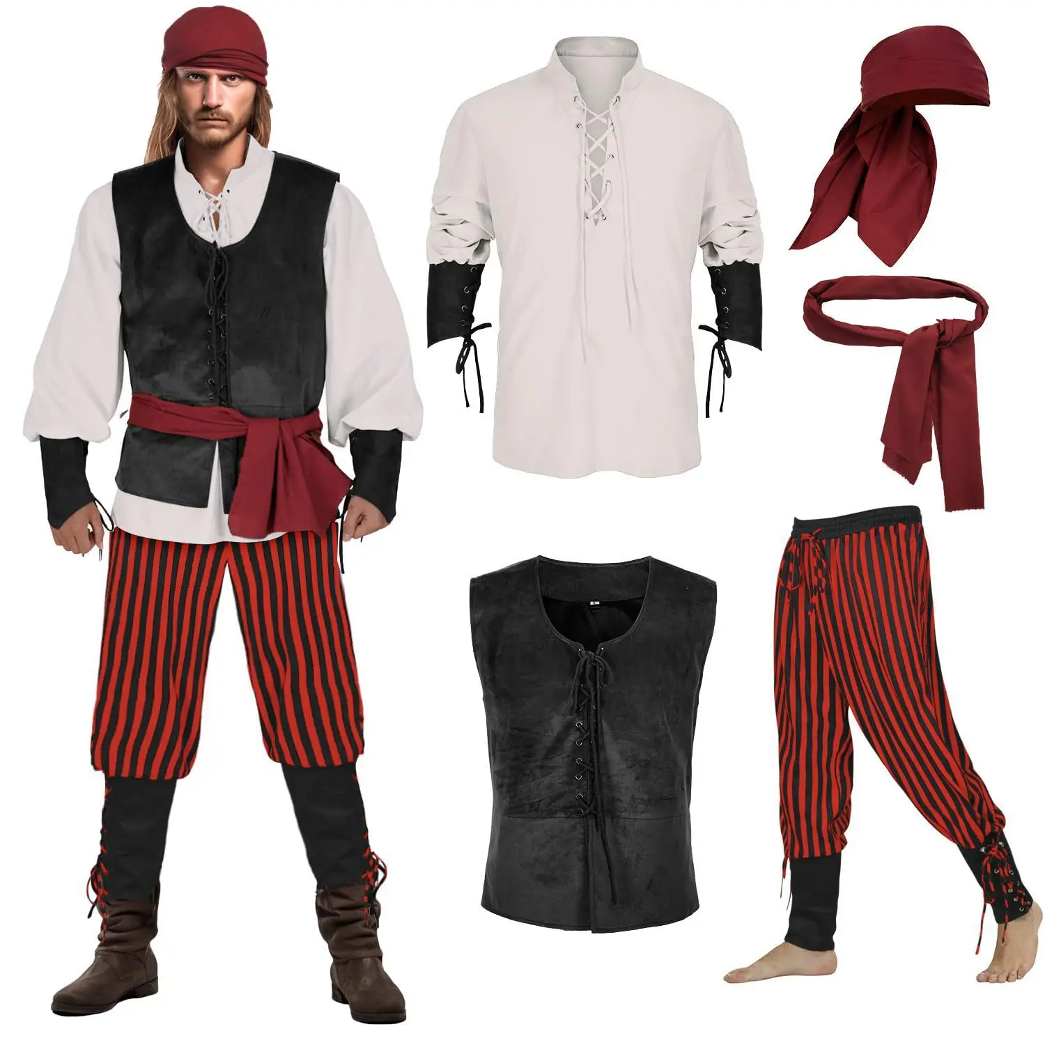 سترة قراصنة الهالوين من عصر النهضة الكاريبي في القرون الوسطى ملابس القراصنة للبالغين زي المسرح #6