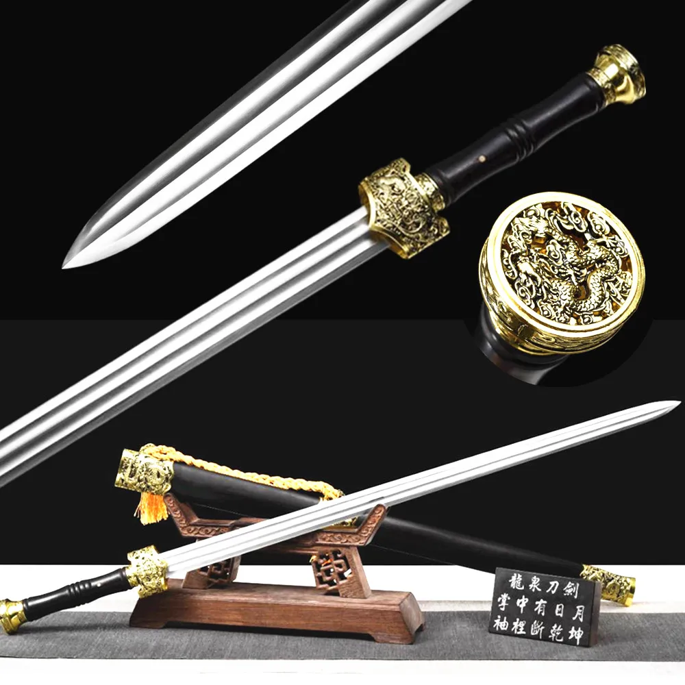 Nice Chinese Sword Jian Forged Sharp High Manganese Steel Blade Golden alloy Dragon Fittings Ebony Scabbard Full Tang