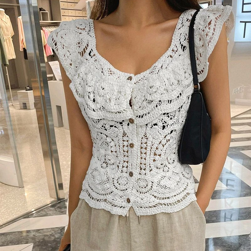 Ladies Puff Sleeve Vintage Lace Crop Top Women Summer New Fashion Casual Female Elegant T-shirt Cheap Wholesale 2