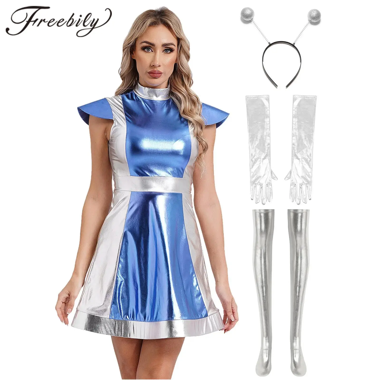 Women Alien Dress-up Performance Costume Hair Hoop Gloves + Stockings Metallic Shiny Outer Space Fighter Astronaut Cosplay Dress