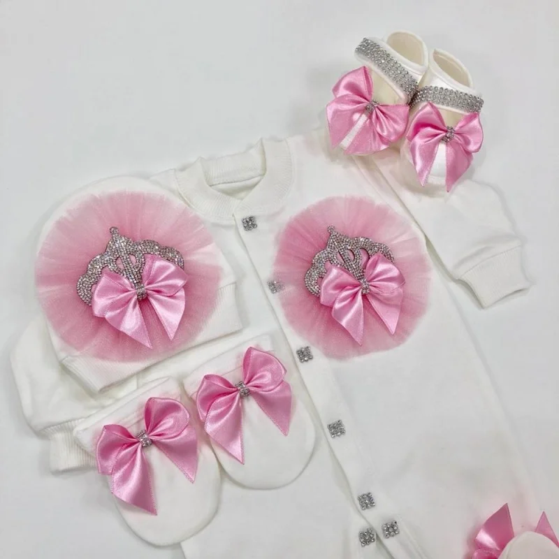 Luxury Baby Princess Romper 0-9 Months 4Pcs White Pink Glitter Tulle Crown Satin Bow Footed Jumpsuit Boutique Gift