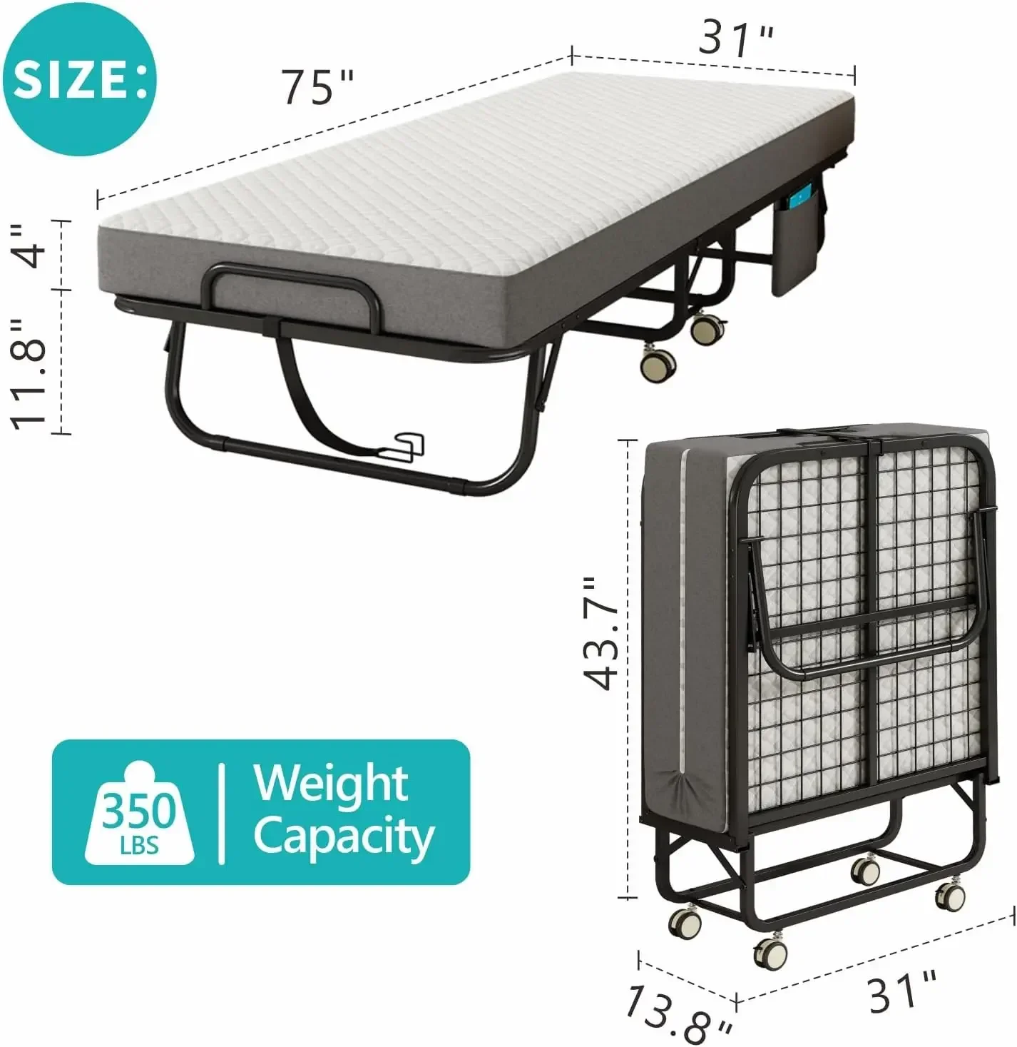 Folding Bed with Mattress for Adults, 75