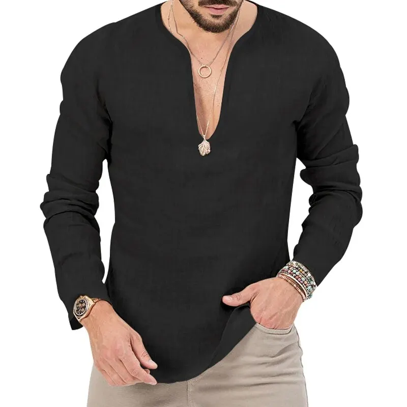 Men\'s Shirt Top V Neck Breathable Beach Shirt Long Sleeves Closure Regular Fit Solid Color Male Casual Shirt For Daily Vacation