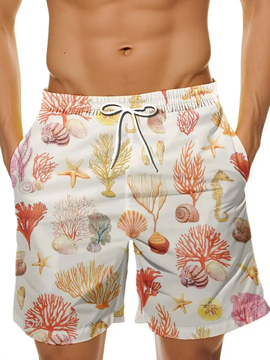 

Mens Coral And Sea Life Print Quick Dry Beach Swim Trunks