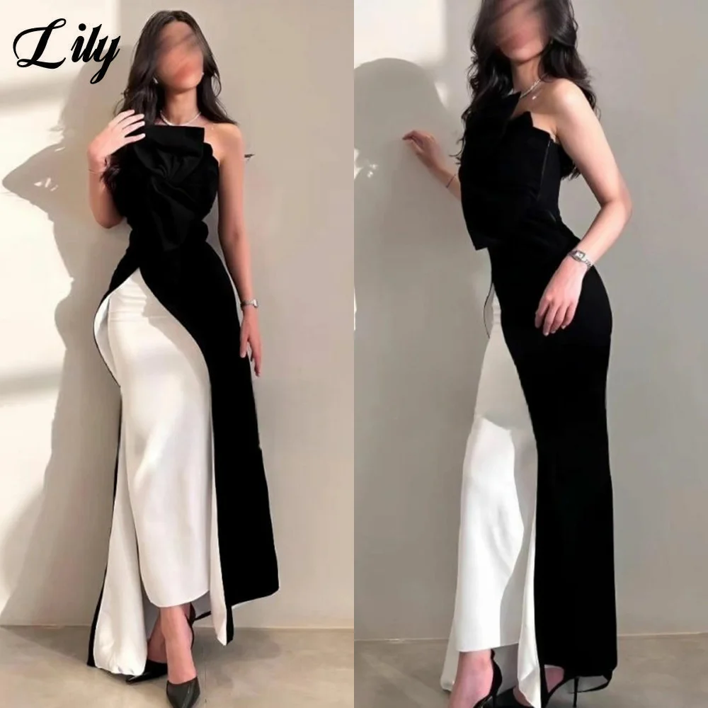 

Lily Chic Черно-белые платья для выпускного вечера Вечернее платье без бретелек без рукавов с бантом - топ с деталями и асимметричная юбка с разрезом по индивидуальному заказу
