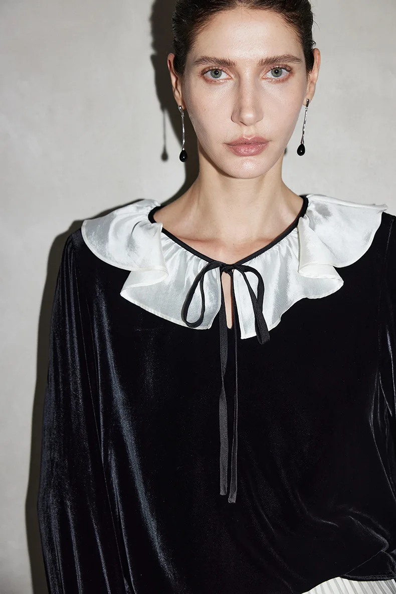 MadBlack-Silk Velvet Elegant T-shirt, Long Sleeve Ruffles Lace-up, Woman French Retro Commute Doll Top, 2026 Spring New T64546CC