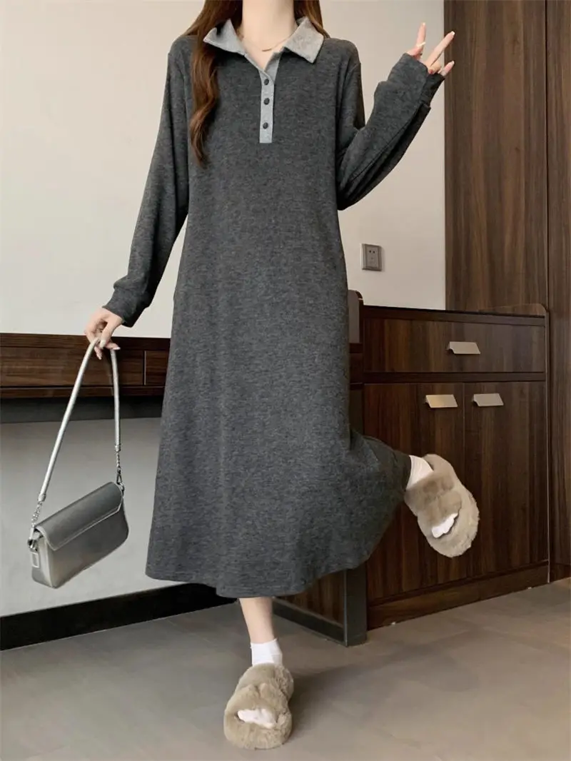 Shirt Collar Fashion Casual Versatile A-Line Dress Large Size Clothes 2024 Artistic Lady Knitted Straight Sweater Dress K2725