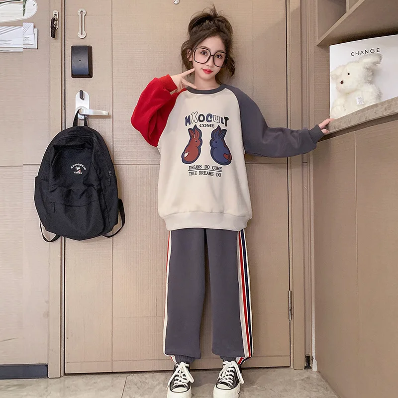 

Spring Autumn School Girl Sport Suit Teenager Girl Cartoon Rabbit Contrast Sweatshirt+Striped Sport Pants Child Gir 2-Piece Sets