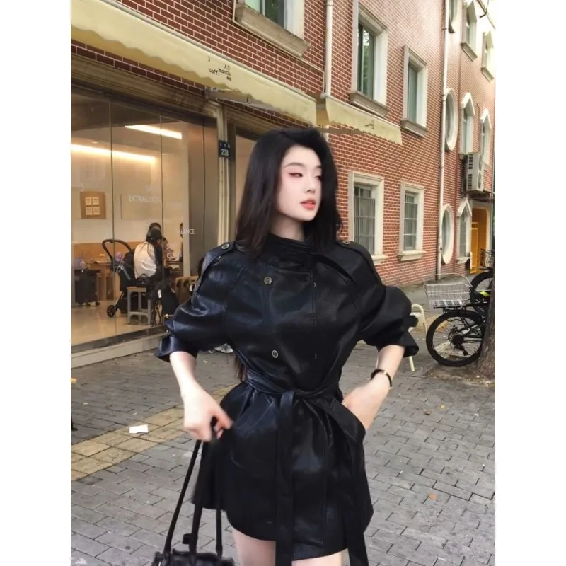 Leather Jacket Women's Medium Long Autumn Models Korean Version Fashion Sense Stand-up Collar Leather Jacket Belt Trench Coat
