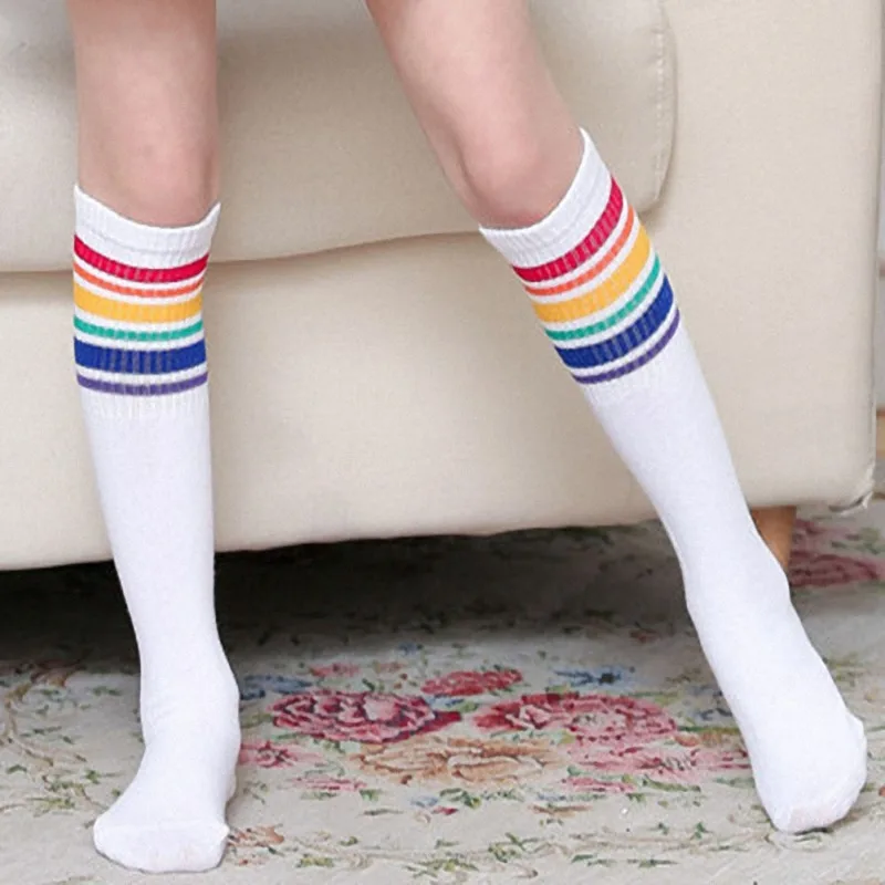 Kids Boys Girls Rainbow Striped Sock Soft Knee High Socks Student Football Sports Socks Children Long Tube Leg Warm Socks 1-15Y