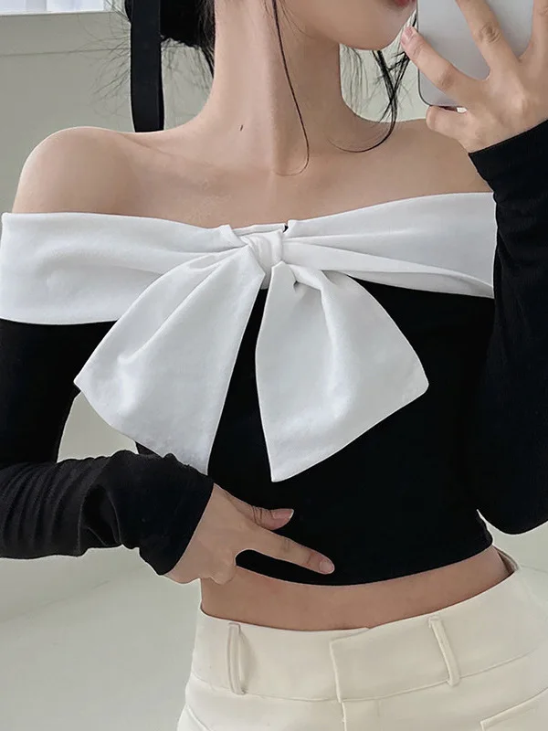 Korean 2024 Autumn/winter Version New Slash Neck Bow Off Shoulder Long Sleeve T-shirt Women Cinching Waist Slim Short Top 6GN5