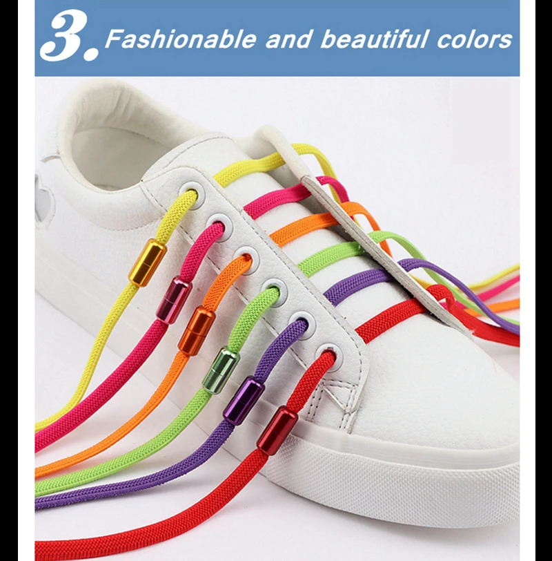 1 Paar bunte elastische Schnürsenkel ohne Krawatte mit Metallverschluss für Turnschuhe. Schnell anzuziehen und ab. Lazy Shoe Lace, rundes Design – Detail 4