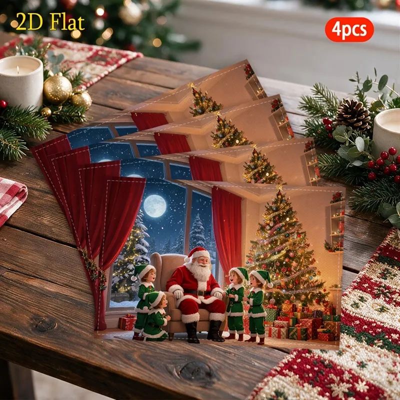 VIKAMA Christmas Linen Placemats, Santa Chair Elves Tree Window, Washable Absorbent, Holiday Dining Room