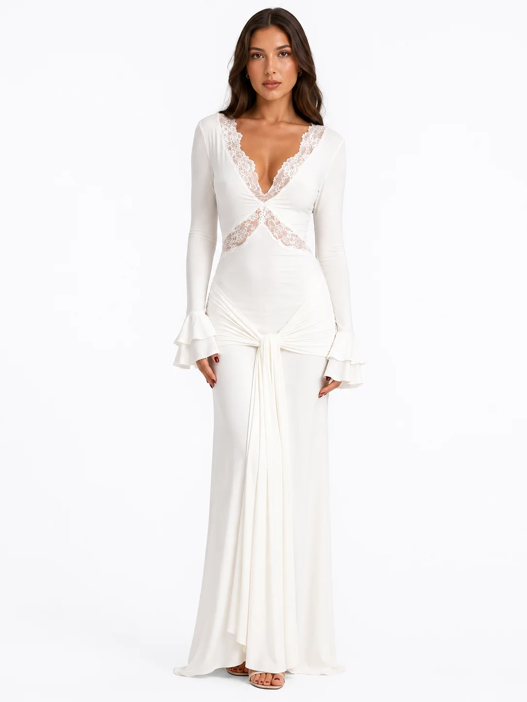 Women Lace Deep V Neck Maxi Dress With Flared Sleeves