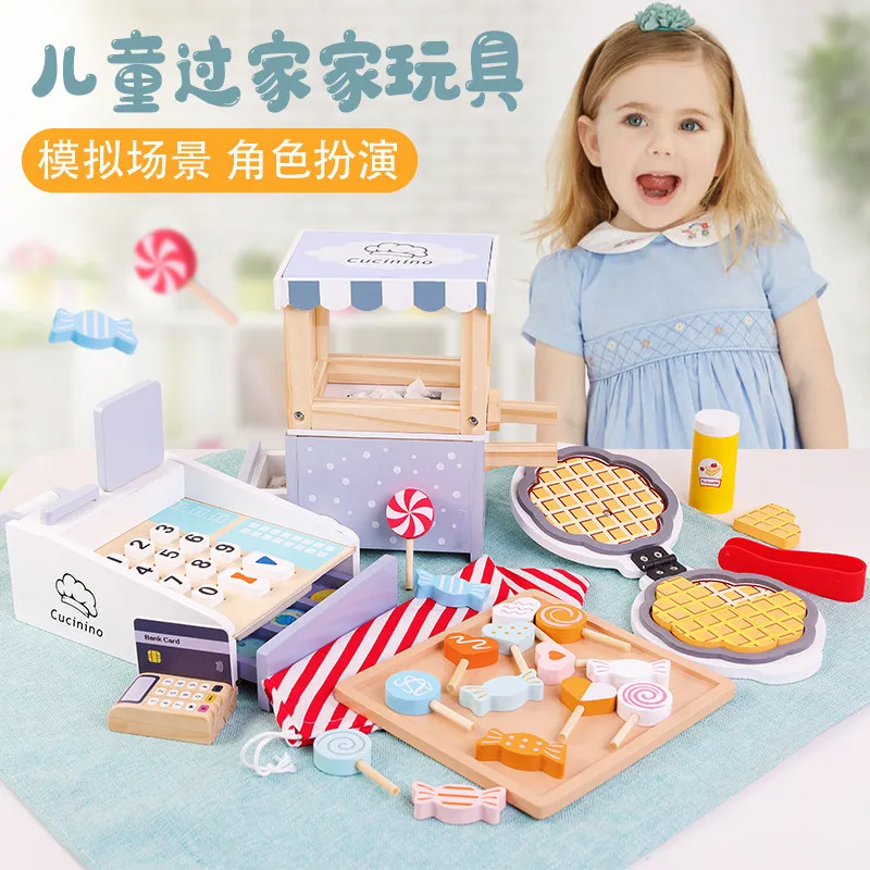 Kids Baby Wood Popcorn Machine Candy Set Building Blocks Baby Puzzle Cognitive Simulation Cashier Counter Portable DIY Box House