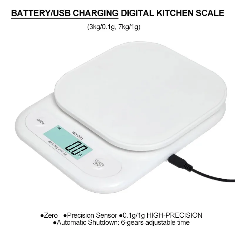 LCD Digital Kitchen Scale 3kg/7kg Food Scale Battery/USB Charging Electronic Balance Measuring Grams Scales For Cooking Baking