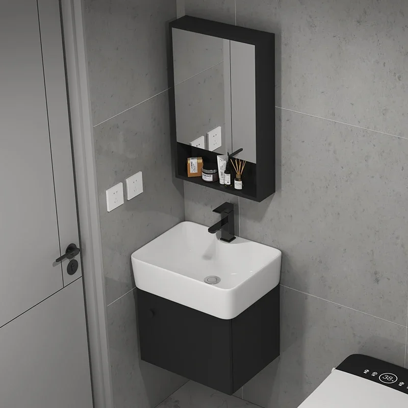 Solid wood bathroom cabinet wall-mounted wash basin combination ceramic face wash small integrated very narrow wash table