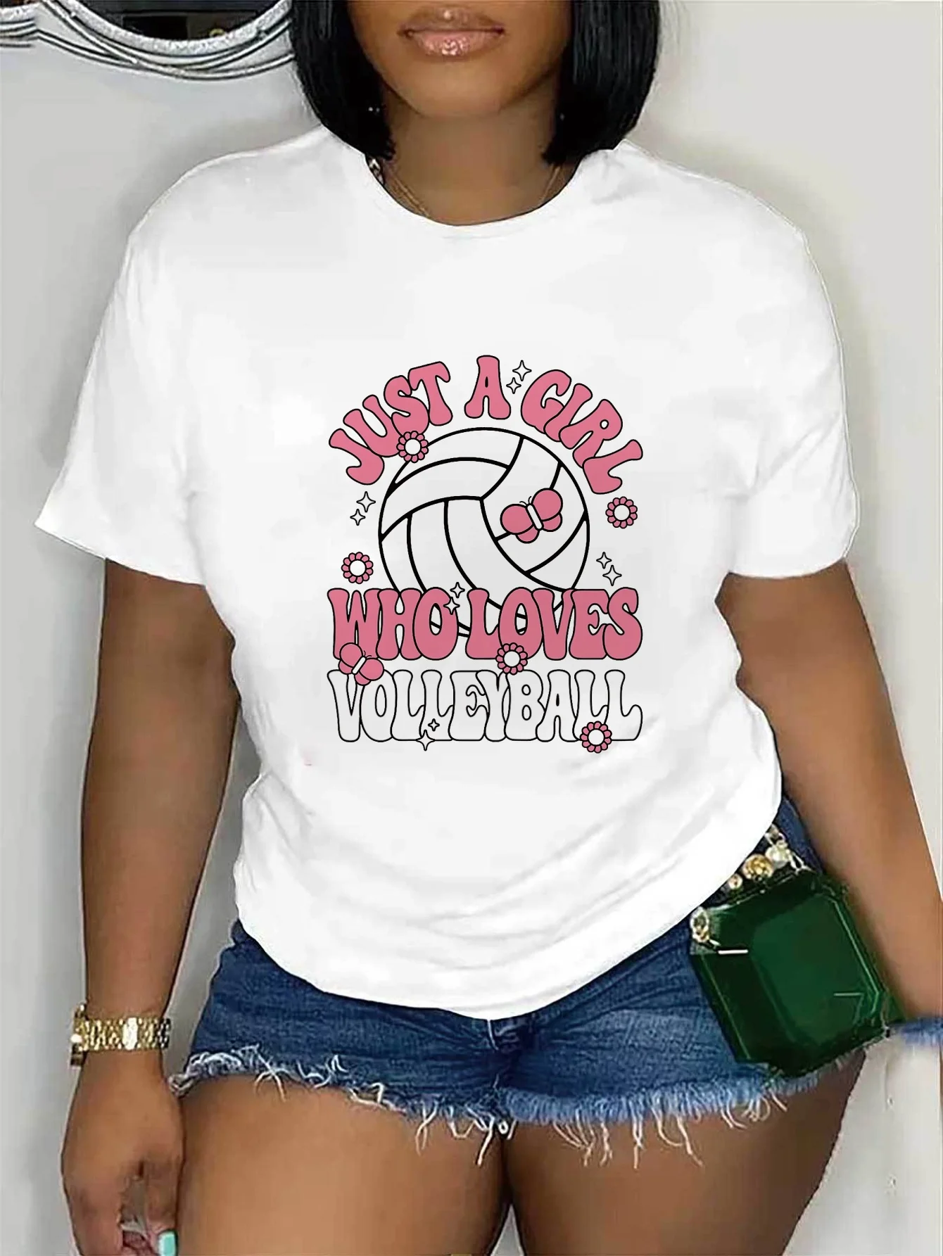 Women Volleyball Graphic Tee Casual Short Sleeve Round Neck Blouse with Spike and Court Print Outfit for Volleyball LoversTop