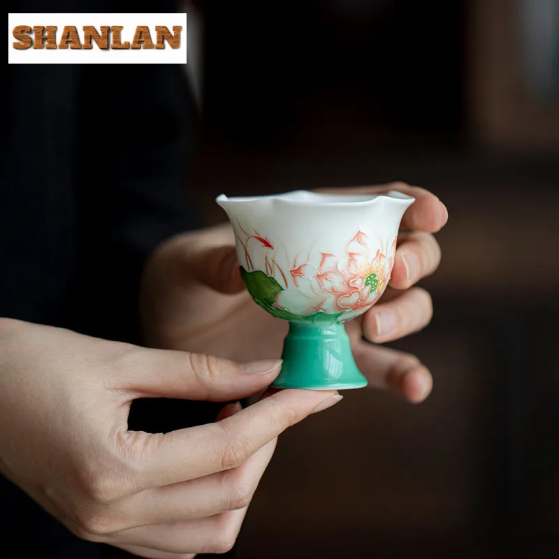 

75ml Hand-painted Lotus High Foot Teacup Retro Tea Bowl Cute Cup Tea-tasting Fragrance Cup Chazhan Master Cups Chinese Tea Set