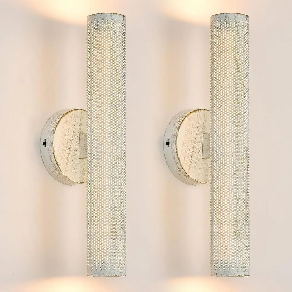 

Hardwired Vintage Wall Sconce Set o Two, 3CCT Dimmable White Sweng Gold Metal Sconces with StainlMesh Cylinder Shade Up and Down