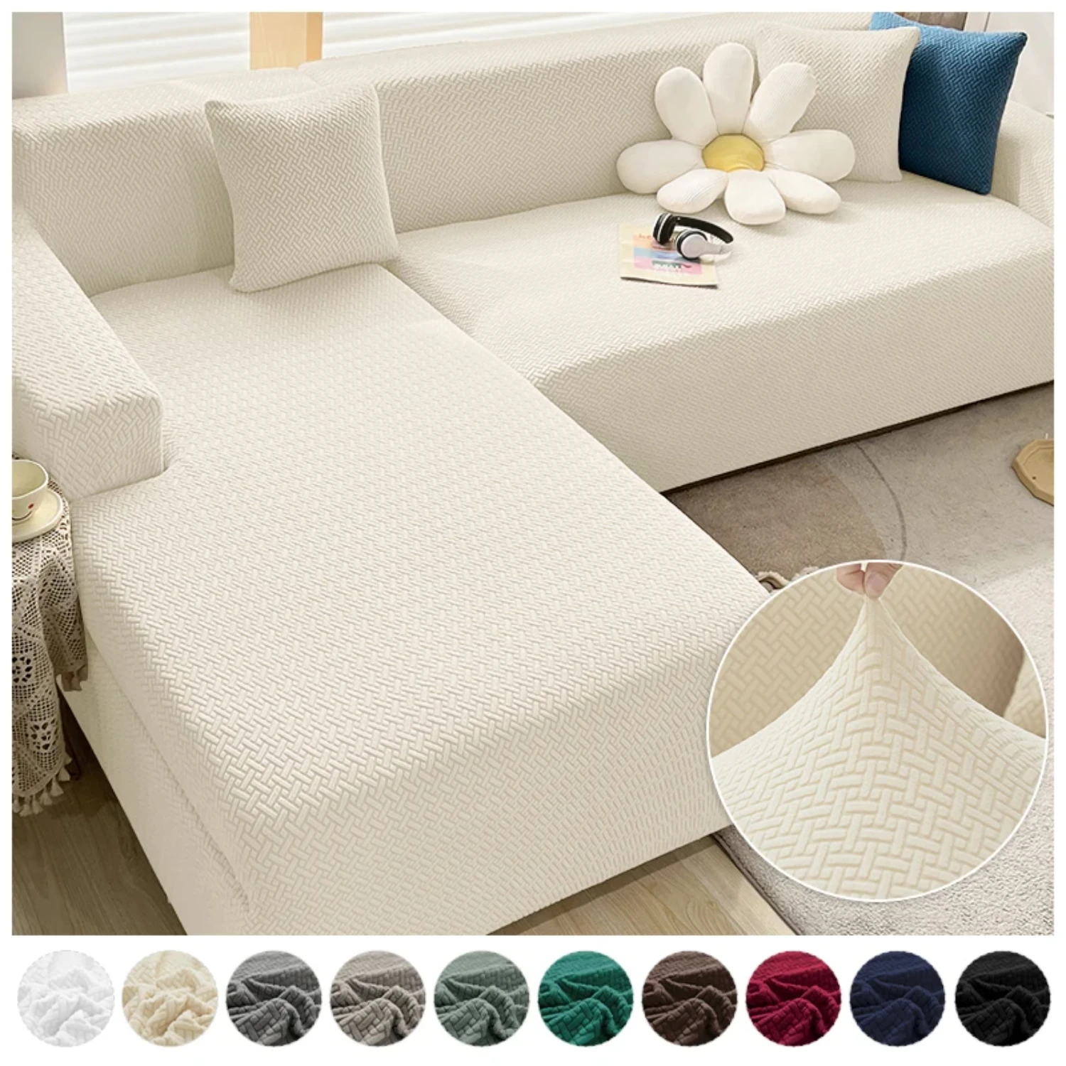 Elegant and Durable 2024 Jacquard Thick Elastic Sofa Slipcovers for Living Room - Stretch Armchair and Corner Couch Cover in 1/2