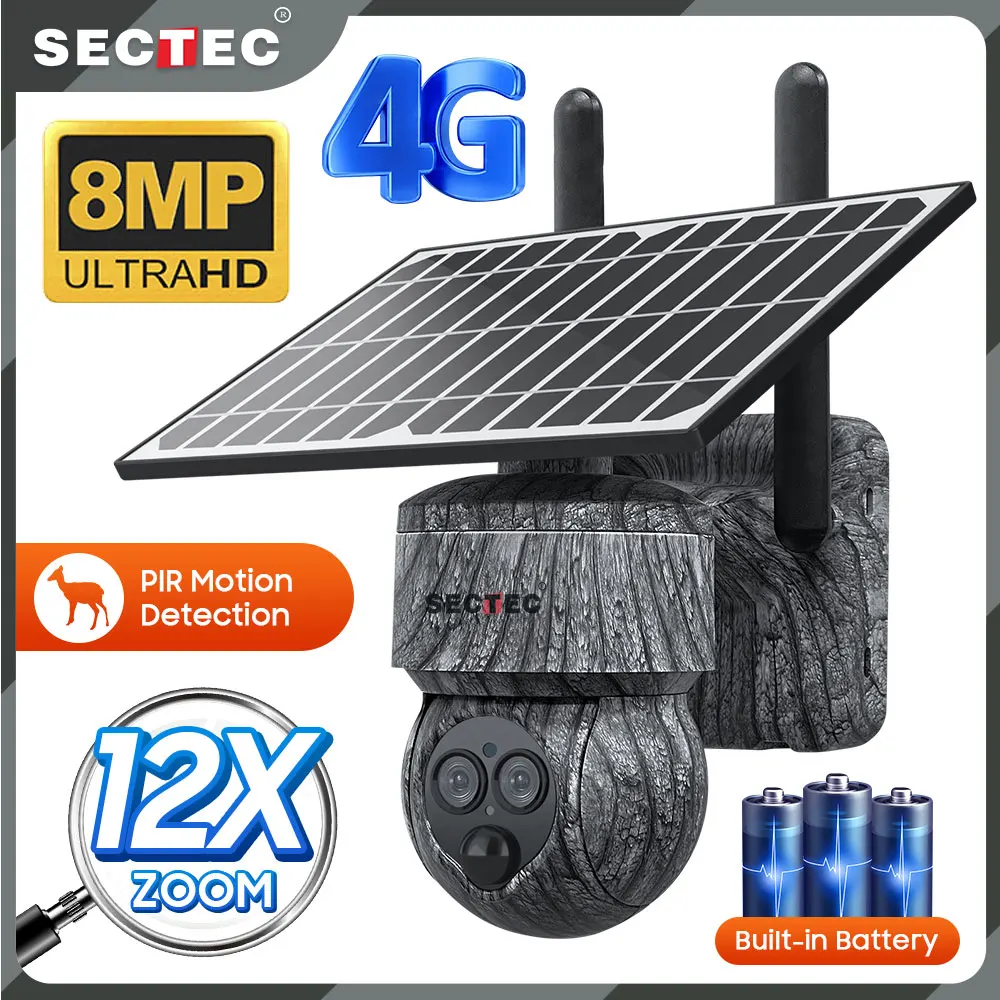 

SECTEC 8MP 4G SIM Camouflage Color 12X Zoom Solar Battery PTZ WIFI Camera PIR Human Detection Solar Outdoor Surveillance Camera