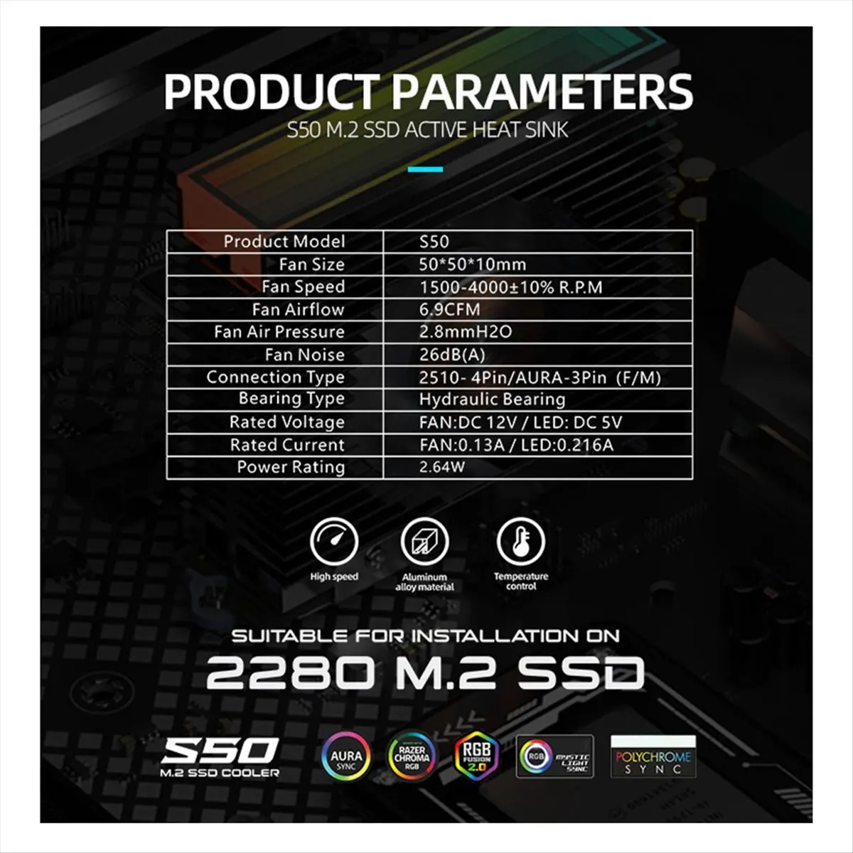 Кулер для SSD Baohu S50 M.2 2280 с зеркальной поверхностью, ARGB-подсветкой и двумя вентиляторами PWM, серебристый