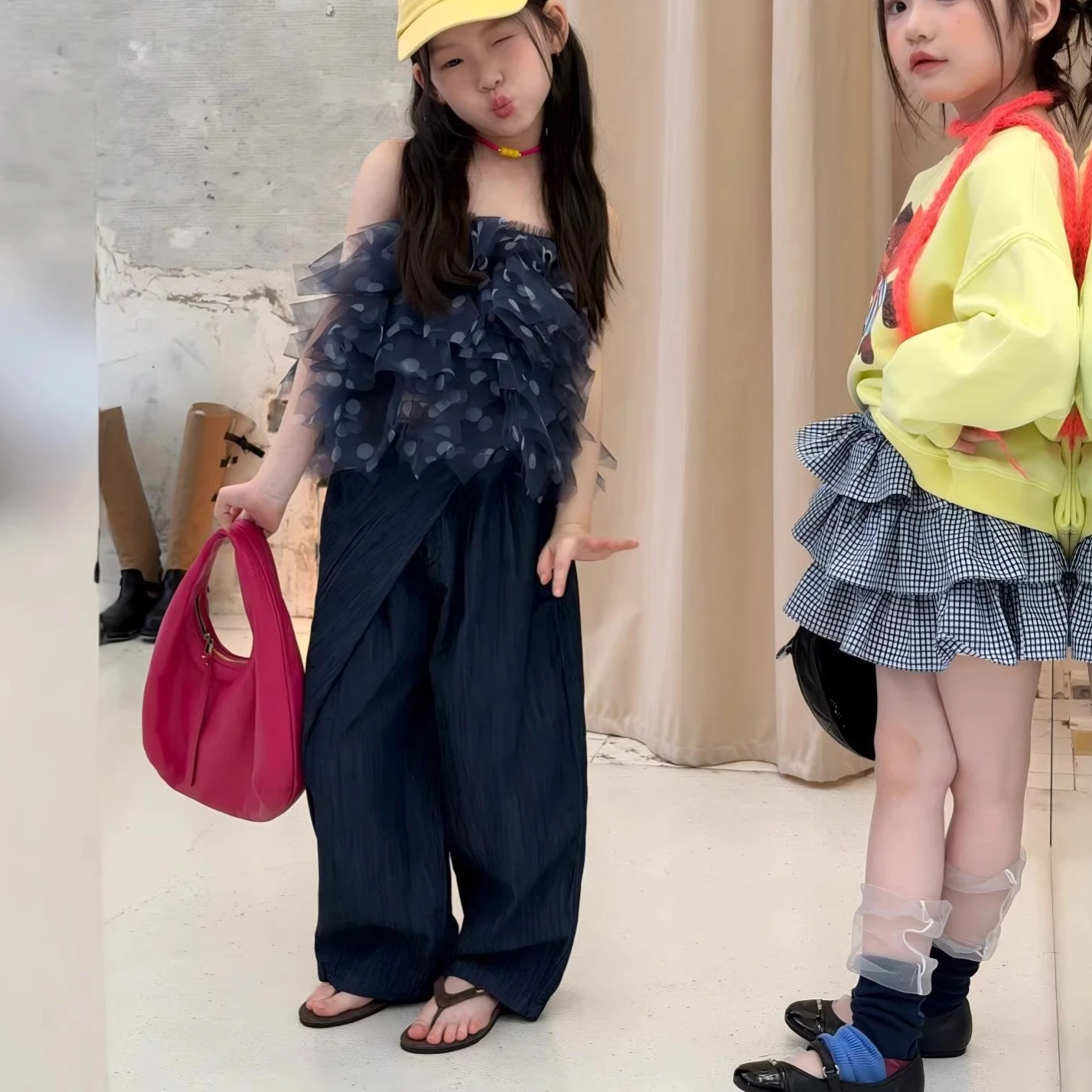 Girls Set 2026 Spring and Summer New Childrens Wear Korean Girl Baby Polka Dot Suspender Mesh Irregular Pants Two-piece Set