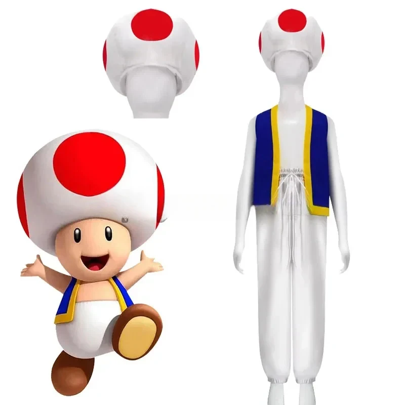 

♥AA Kinopio Toad Cosplay Hat Kids Adult Costume Game Bros 2 Roleplay Fantasia Outfits Vest Pants Child Halloween Carniv New 2026