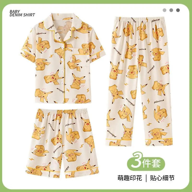 

Новые летние пижамы с Покемоном Пикачу, 3 комплекта для мальчиков, тонкий свободный пижамный комплект с короткими рукавами, домашняя одежда в стиле аниме с героями мультфильмов