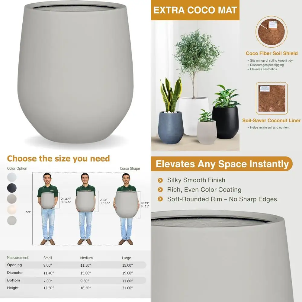 

Round Tapered Fiberstone Planter 21 High x 19 Diameter with Drainage, Smooth Finish, Weatherproof for Indoor & Outdoor Use