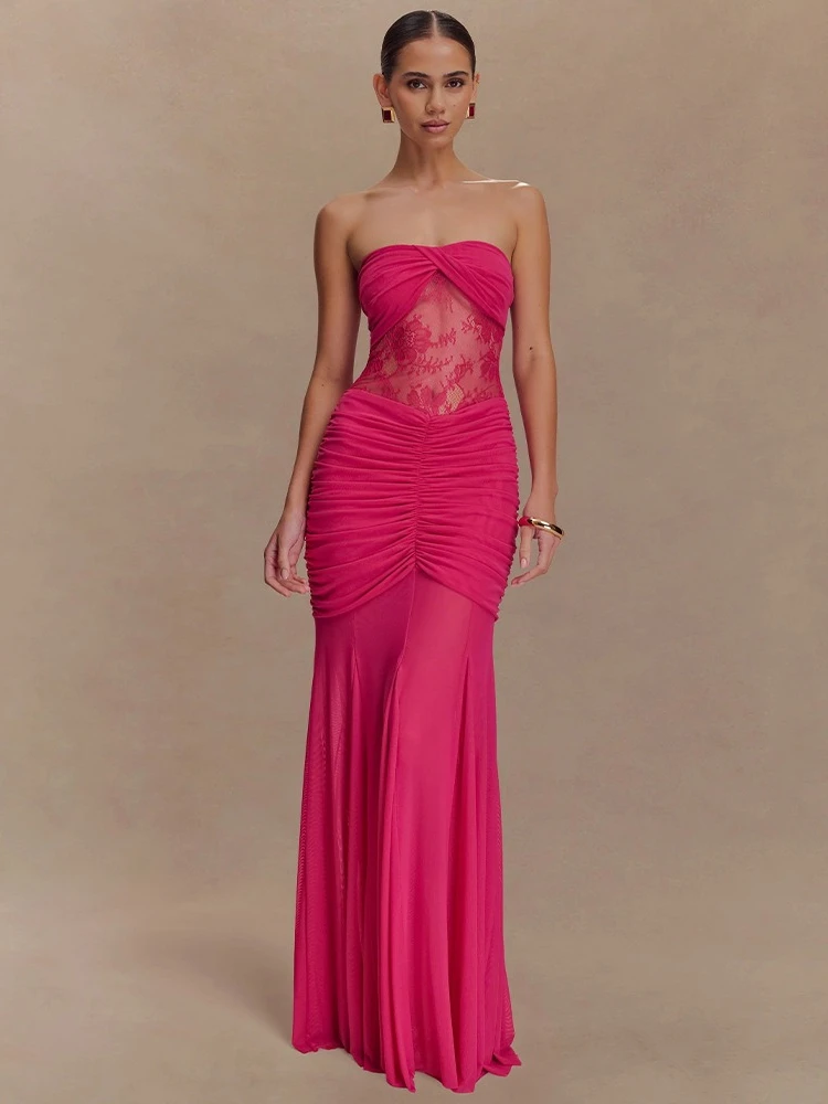 

2025 Summer Hot Sexy Lace Patchwork Mesh Long Dresses for Women Off Shoulder Sleeveless See-through Ruched Evening Party Dress