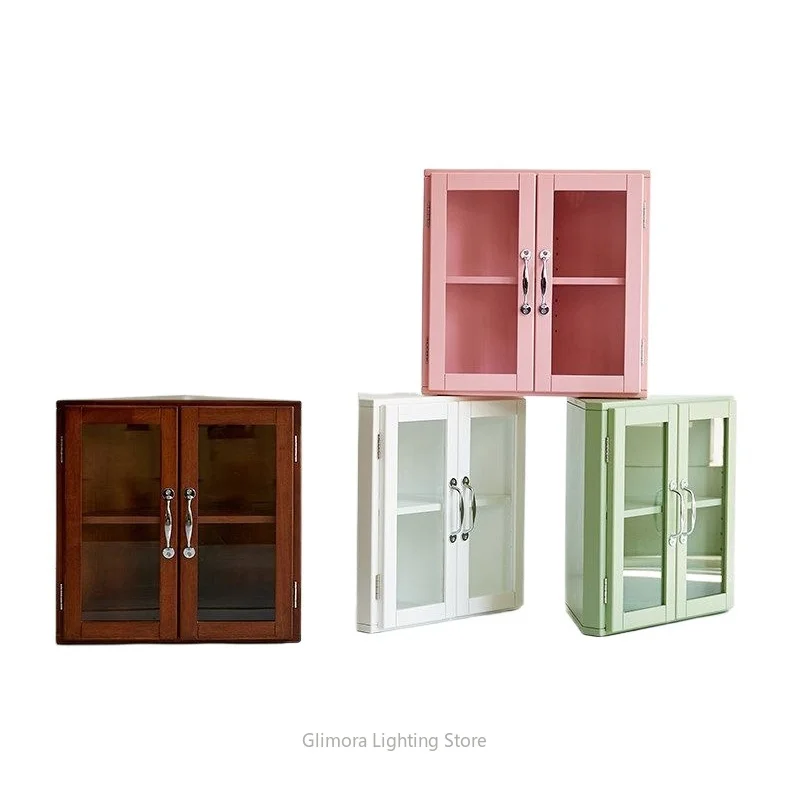 Solid Wood Triangular Storage Cabinet for Desk, Multi-Layer Display Shelf with Glass Door for Corner