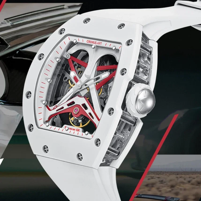 CRONUSART Men Automatic Watch Mechanical Wristwatch Carbon Steel Tonneau Case Lume Fluororubber Strap Skeleton Racing Dial