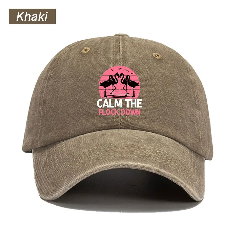 Vintage Washed Baseball Cap Flamingo Calm The Flock Down Print Graphic Unisex Streetwear Casual Trucker Style Cotton Sun Hat