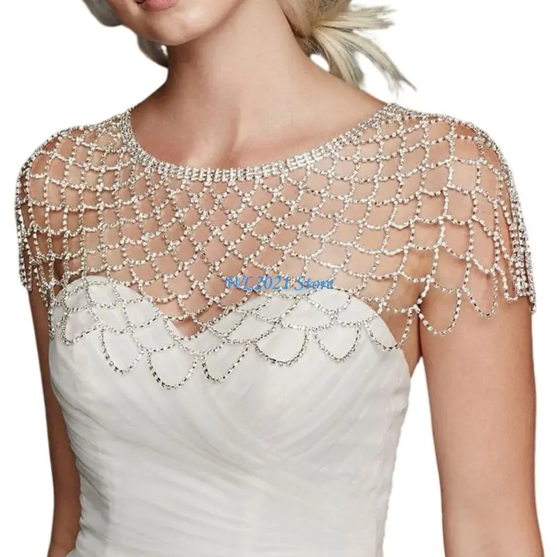

G5GC Elegant Mesh Shawl Shoulder Chain Neck Wrap Jewelry with Rhinestones Tassels for Evening Parties and Weddings Event