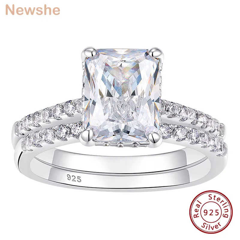 Newshe prata 925 prata anéis de casamento conjunto para mulheres anillos branco 7*9mm corte radiante cz anel de diamante luxo jóias de noivado