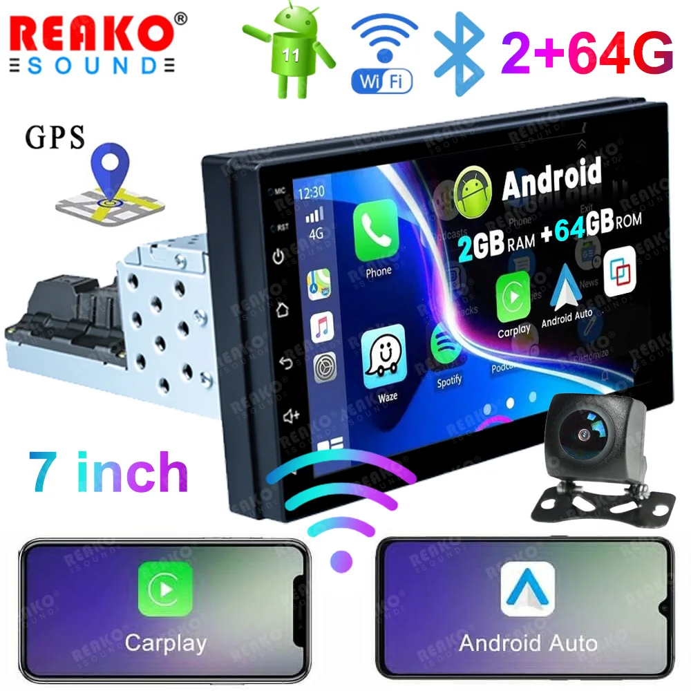 

REAKOSOUND 2+64G 1 Din 7'' Android 12 Car Multimedia Player Carplay GPS Navigation BT Car Audio Wifi USB FM MirrorLink Stereo