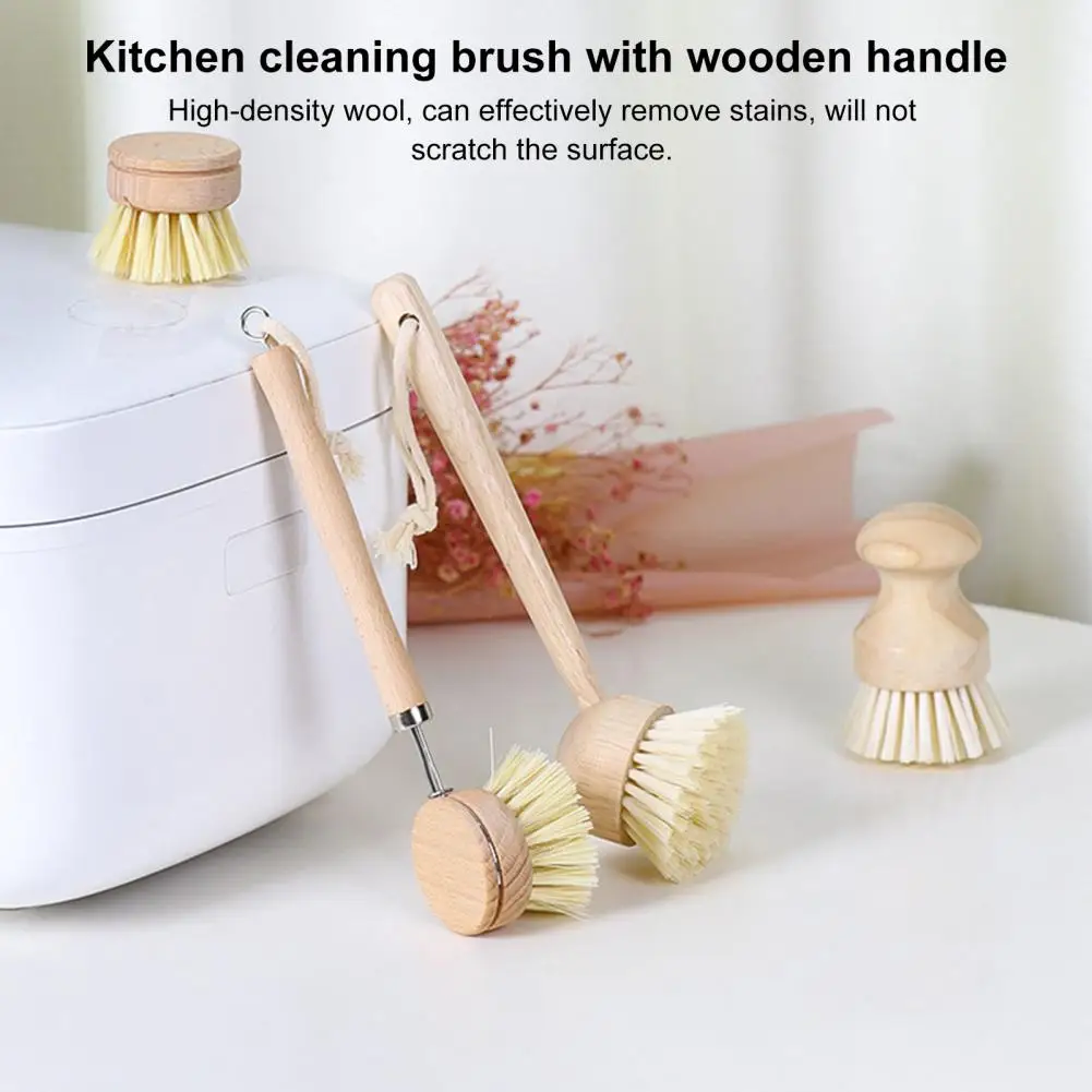 Pot Brush With Ergonomic Long/Short Round Handle High Density Bristle Wooden Cleaning Brush Stain Remover Brush 주방 싱크대 솔