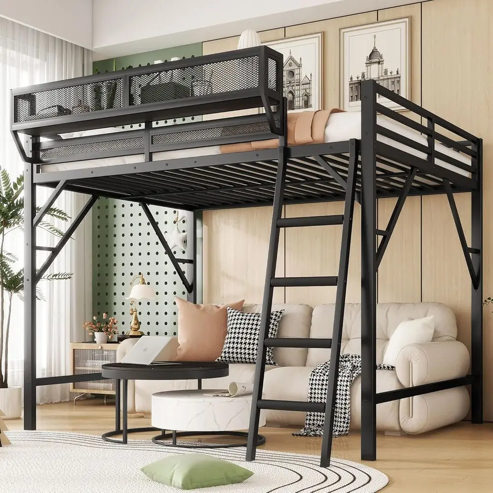 

Полноразмерная металлическая кровать-чердак с лестницей, полками для хранения и ограждением для подростков - современная черная мебель для спальни, без коробчатой пружины N
