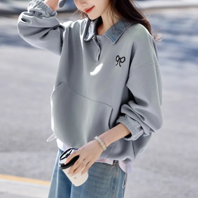 Preppy Style Denim Collar Sweatshirt Women Bow Embroidery Loose Long Sleeve Casual Pullover view 3