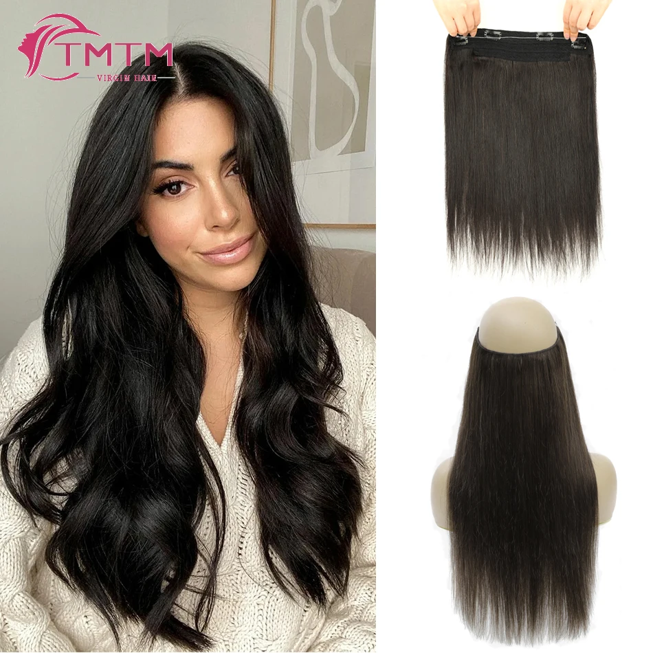 Natural Black Halo Hair Extension Brazilian Straight Remy Hair 4 Clips in Onepiece Invisible Wire in Hair Extension 14-20Inch