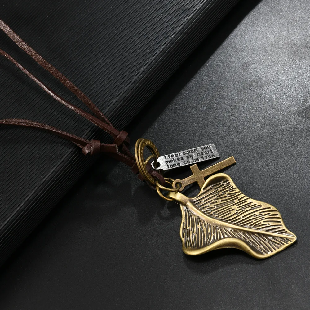 European and American cross-border new fashion cowhide necklace retro alloy special-shaped leaf jewelry adjustable men's pendant