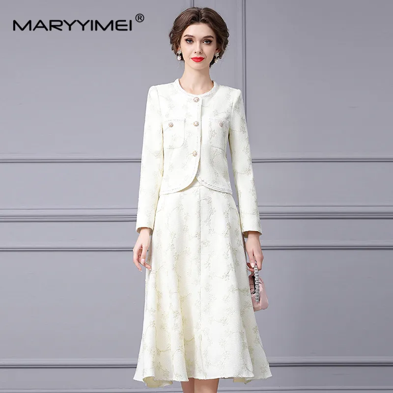 MARYYIMEI New Fashion Runway Designer Women's Long Sleeve Single Breasted Jacquard Embroidery Short Top+A-Line Skirt 2-Piece Set