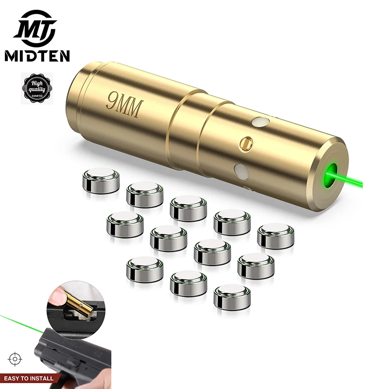 MidTen Green Laser Bore Sight 9mm Laser Boresighter with 12 Batteries Pointer Rifles Pistol Tactical Zeroing Scope