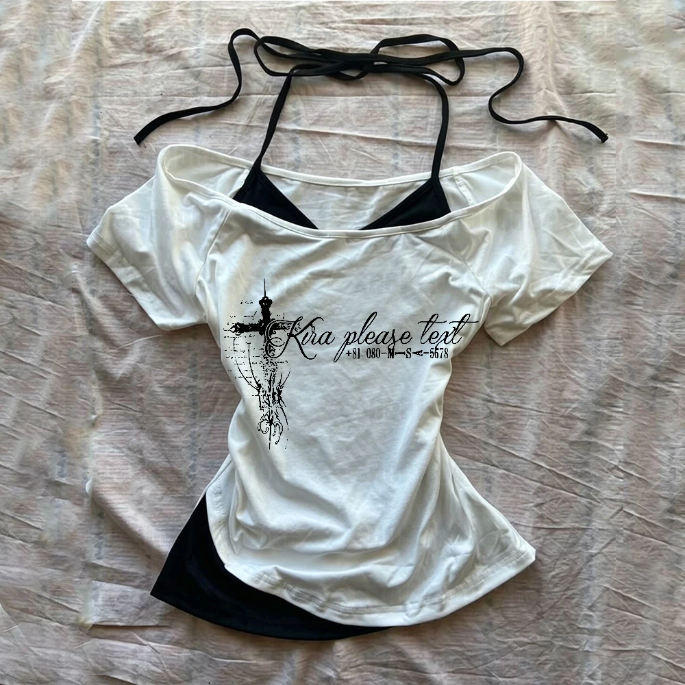 American style fake two retro style hot spicy girls' short sleeved T-shirt women's summer fashion printed top