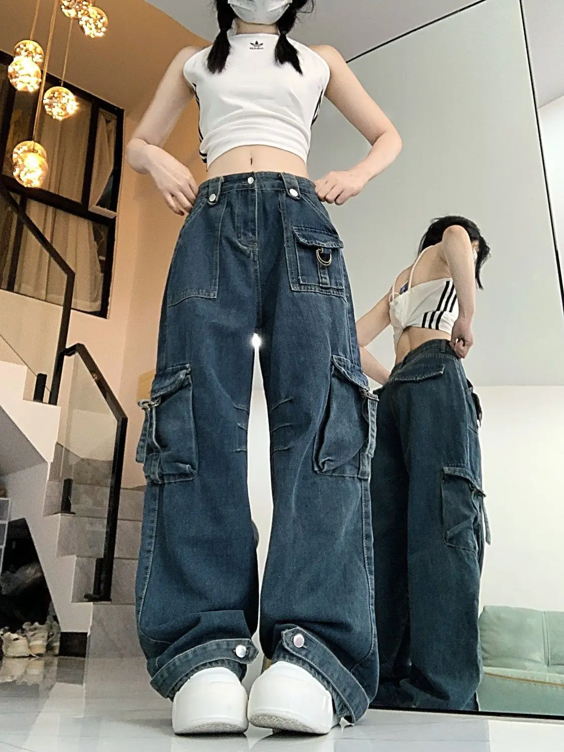 Damskie Niebieskie Jeansy Casual Cargo Baggy Y2K Japońskie Harajuku High Street Estetyczne Vintage Spodnie Jeansowe Odzież Nowość 2025