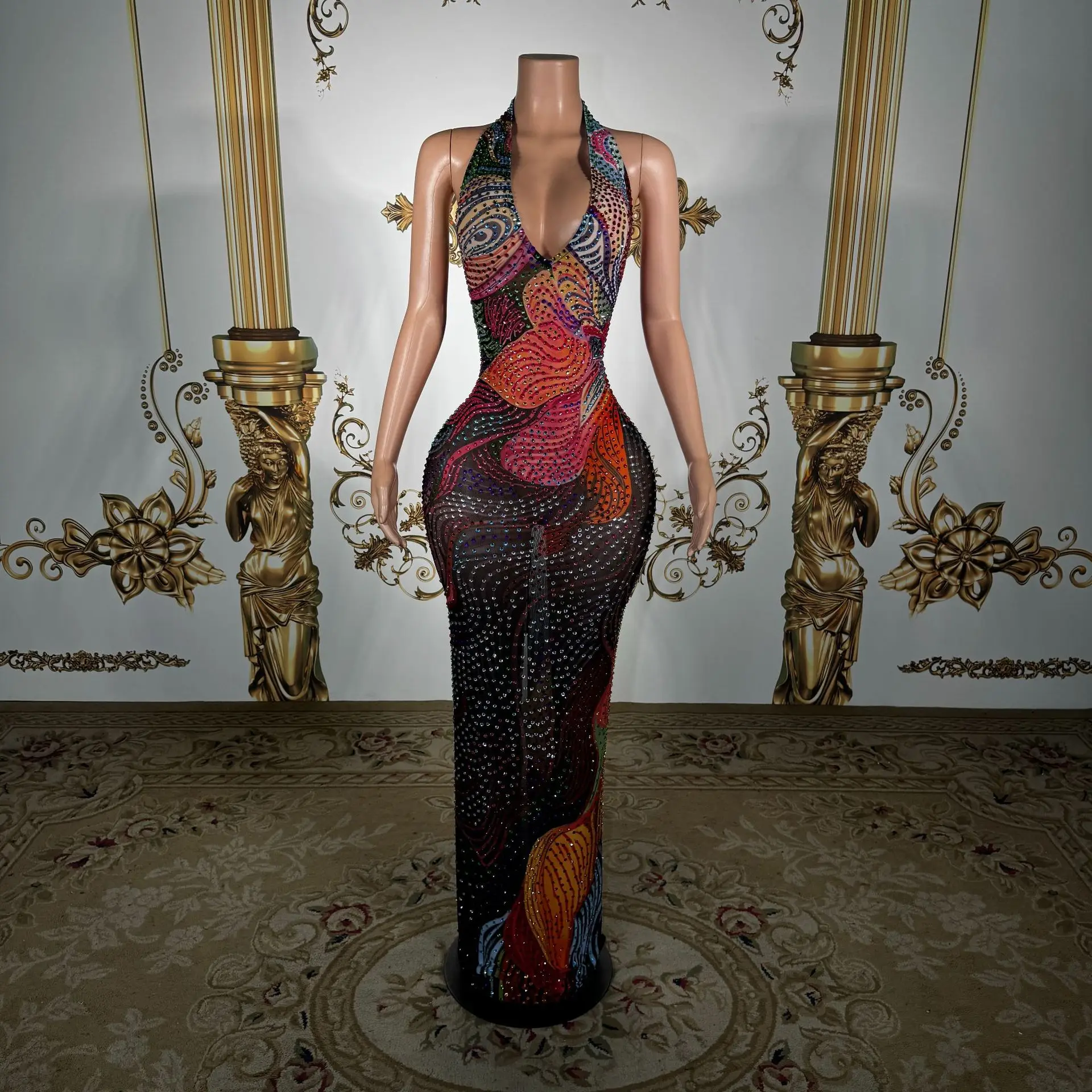 Sexy Colorful Rhinestone Dress Halter Deep V Neck Backless Bodycon Women Birthday Evening Party Club Stage Costume image 3