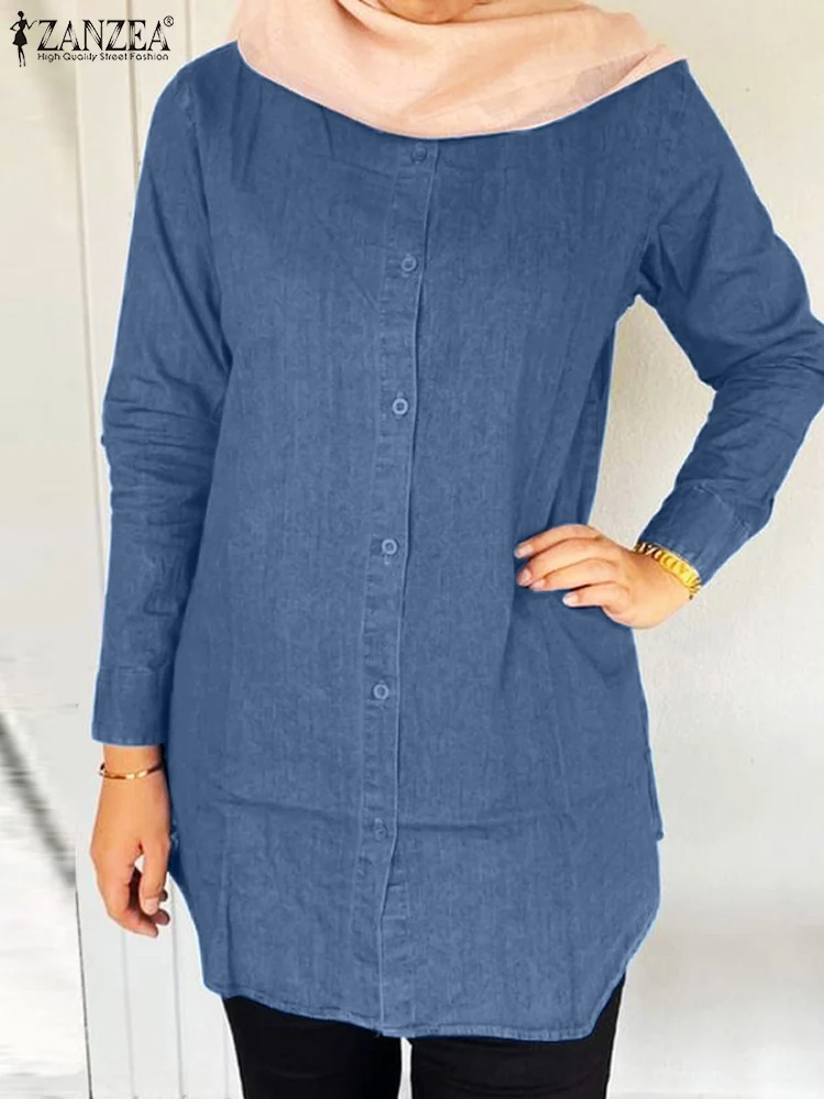

ZANZEA Women Vintage Long Sleeve Denim Blue Shirt Spring Elegant Solid Muslim Blouse Fashion Dubai Turkey Abaya Hijab Tops 2024