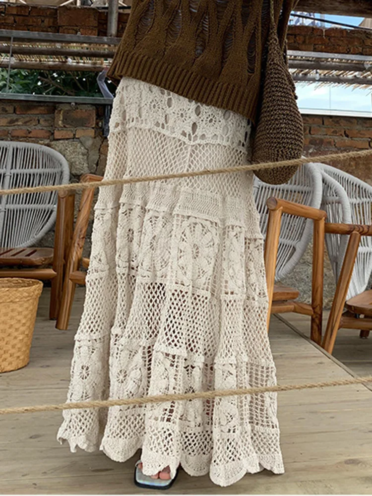 Spring Hook Flower Hollow Out Skirt Female Loose Temperament Lace High Waist A-line Half Skirt Women Fashion Long Skirt Holiday